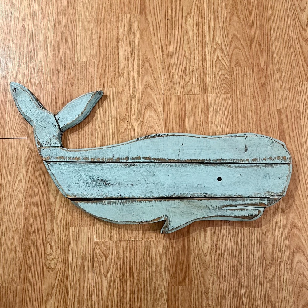 Vintage Handmade Distressed Wood Blue Whale Coastal Wall Decor